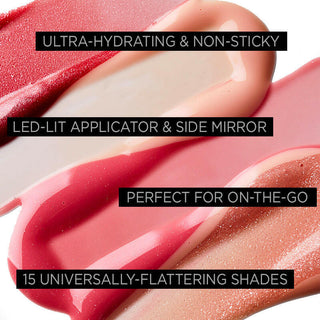 Swatches of Pure Illumination Light-Up Lip Gloss, featuring a variety of shades from sheer shimmer and sheer tinted shades - key benefits.