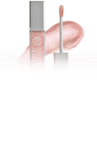 Nude Beach Lip Gloss with applicator and swatch, featuring Pure Cosmetics branding on a clean white background.