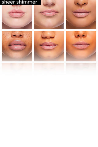 Grid of close-up images of lips in Nude Beach shade on a white background