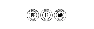 Black circle icons aligned horizontally against a white backdrop with text, Paraben Free, Talc Free and cruelty free