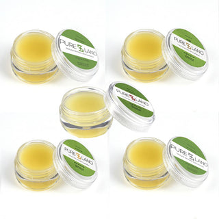 Image showing Pure Lano variety 5-pack of the ultra-nourishing lip balm formula in a pot in each flavor.