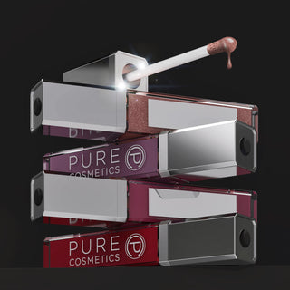 Stacked Pure Cosmetics Light Up Lip Gloss tubes with glowing LED lights and gloss dripping from applicator wand, showcasing hydrating texture and clean beauty innovation.