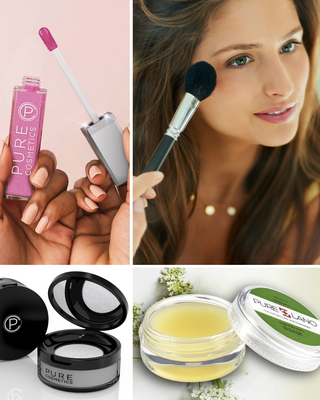 Model uses Pure Cosmetics brush, holds Light Up Lip Gloss; HD Powder and Pure Lano Lip Balm shown beside her.