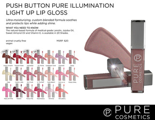 Lanolin-rich Pure Illumination Light Up Lip Gloss delivering hydration and shine with an LED light and mirror