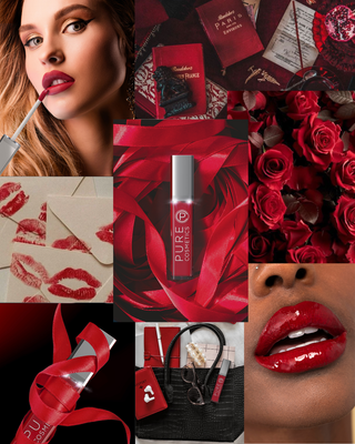 Aesthetic collage featuring Pure Cosmetics Femme Fatale red lip gloss, bold red lips, roses, ribbons, travel essentials, and lipstick marks highlighting holiday red glam.