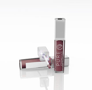 Pure Cosmetics Passion lip gloss with LED-lit applicator wand and built-in mirror, shown open and closed on a clean white background.