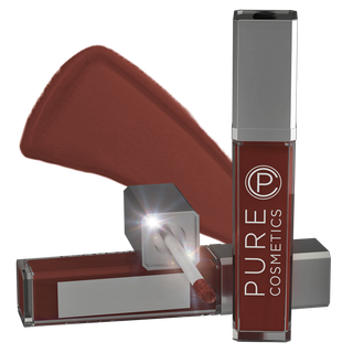 Pure Cosmetics LED Light Up Lip Gloss in shade Down to Earth showing the light up applicator wand & side mirror in front of the color swatch.