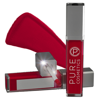 Pure Cosmetics LED Light Up Lip Gloss in shade Femme Fatale showing the light up applicator wand & side mirror in front of the color swatch.