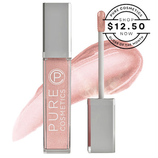 Pure Cosmetics Nude Beach LED Lip Gloss with swatch and $12.50 Gloss of the Month promo badge.