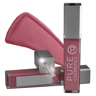 Pure Cosmetics LED Light Up Lip Gloss in shade On Pointe showing the light up applicator wand & side mirror in front of the color swatch.