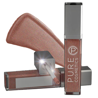 Pure Cosmetics Lip Gloss hydrating long-lasting lighted wand & mirror in sparkly tinted brown with lanolin for dry lips