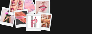 Pure Cosmetics Push Button Pure Hydrating Light Up Lip Gloss with LED-lit applicator and mirror shown in polaroid-style collage, featuring glossy pink lips, product tube, and diverse lip shades on black background