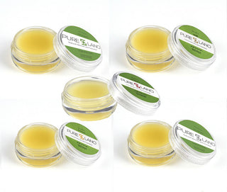 Image showing Pure Lano variety 5-pack of the ultra-nourishing lip balm formula in a pot in each flavor. 