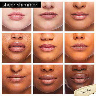 Image showcasing diverse group of Pure Cosmetics models wearing Light Up Lip Gloss in shade Clear - a clear shimmer shine.