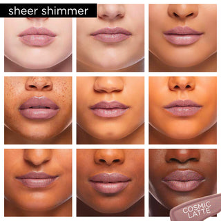 Image showcasing diverse group of Pure Cosmetics models wearing Light Up Lip Gloss in shade Cosmic Latte - a flip flop brown shimmer.