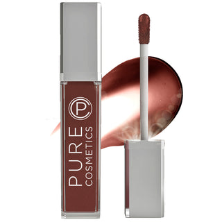 Pure Cosmetics LED Light Up Lip Gloss in shade Down to Earth showing the light up applicator wand & side mirror in front of the color swatch.