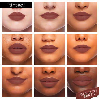 Image showcasing diverse group of Pure Cosmetics models wearing Light Up Lip Gloss in shade Down to Earth - a neutral brown pigmented gloss.