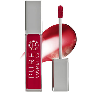 Pure Cosmetics LED Light Up Lip Gloss in shade Femme Fatale showing the light up applicator wand & side mirror in front of the color swatch.