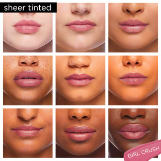 Image showcasing diverse group of Pure Cosmetics models wearing Light Up Lip Gloss in shade Girl Crush - a soft pink shine gloss.