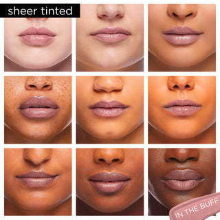 Image showcasing diverse group of Pure Cosmetics models wearing Light Up Lip Gloss in shade In the Buff - a very neutral shine gloss.