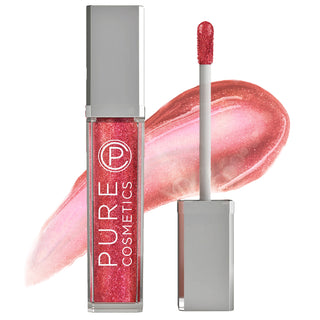 Pure Cosmetics LED Light Up Lip Gloss in shade Interstellar showing the light up applicator wand & side mirror in front of the color swatch.