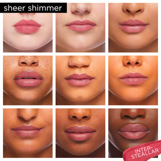 Image showcasing diverse group of Pure Cosmetics models wearing Light Up Lip Gloss in shade Interstellar - a shimmering red sheer gloss.