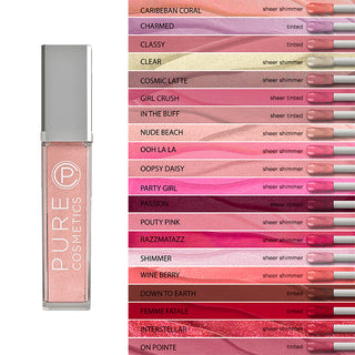 Pure Cosmetics Light-Up Lip Gloss offers 20 shades from sheer to high pigment in a tube with a light-up applicator for easy application.