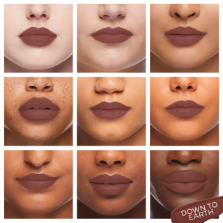 Image showcasing diverse group of Pure Cosmetics models wearing Light Up Lip Gloss in shade Down to Earth - a neutral brown pigmented gloss.