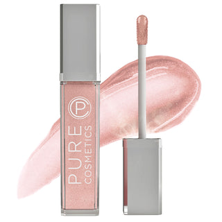 Pure Cosmetics LED Lit Lip Gloss & Mirror in Nude Beach with Swatch, hydrating long-lasting hydration & non-sticky feel for chapped lips 