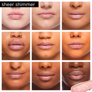 Image showcasing diverse group of Pure Cosmetics models wearing Light Up Lip Gloss in shade Nude Beach - an ultra light nude sheer.