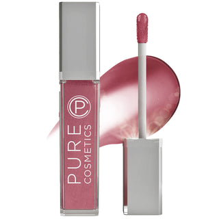 Pure Cosmetics LED Light Up Lip Gloss in shade On Pointe showing the light up applicator wand & side mirror in front of the color swatch.