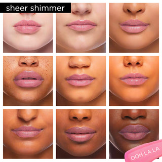 Image showcasing diverse group of Pure Cosmetics models wearing Light Up Lip Gloss in shade Ooh la la - a flip flop pink purple gloss.