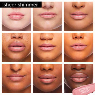 Image showcasing diverse group of Pure Cosmetics models wearing Light Up Lip Gloss in shade Oopsy Daisy - a baby pink sheer shimmer.