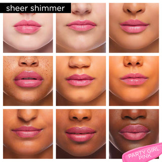 Image showcasing diverse group of Pure Cosmetics models wearing Light Up Lip Gloss in shade Party Girl Pink - a poppy pink shimmer.