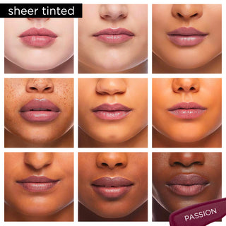 Image showcasing diverse group of Pure Cosmetics models wearing Light Up Lip Gloss in shade Passion - a neutral plum sheer gloss.