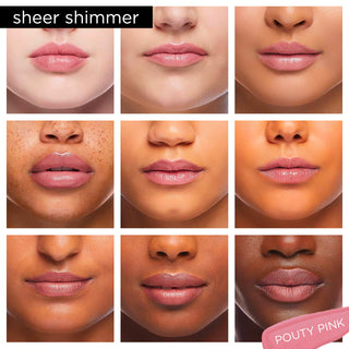 Image showcasing diverse group of Pure Cosmetics models wearing Light Up Lip Gloss in shade Pouty Pink - a neutral pink sheer shimmer.