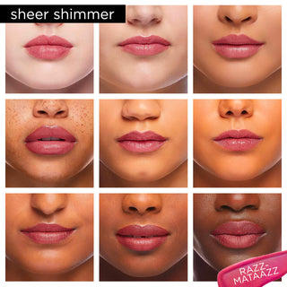 Image showcasing diverse group of Pure Cosmetics models wearing Light Up Lip Gloss in shade Razzmatazz - a shimmering sheer red pink.