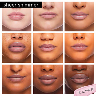 Image showcasing diverse group of Pure Cosmetics models wearing Light Up Lip Gloss in shade Shimmer - a ultra sheer pink shimmer gloss.