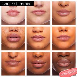 Image showcasing diverse group of Pure Cosmetics models wearing Light Up Lip Gloss in shade Wineberry - a shimmering brick sheer gloss.